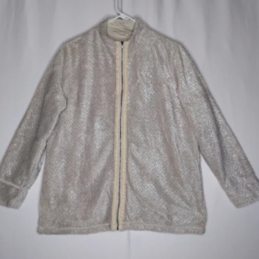 Soft Surroundings Fleece Jacket Large Sherpa Pocket Chevron Shimmer Zip Lined
